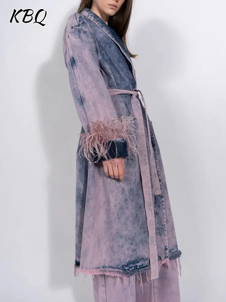 

KBQ Colorblock Spliced Feathers Coat For Women V Neck Long Sleeve Patchwork Lace Up Chic Loose Denim Coats Female Clothing New
