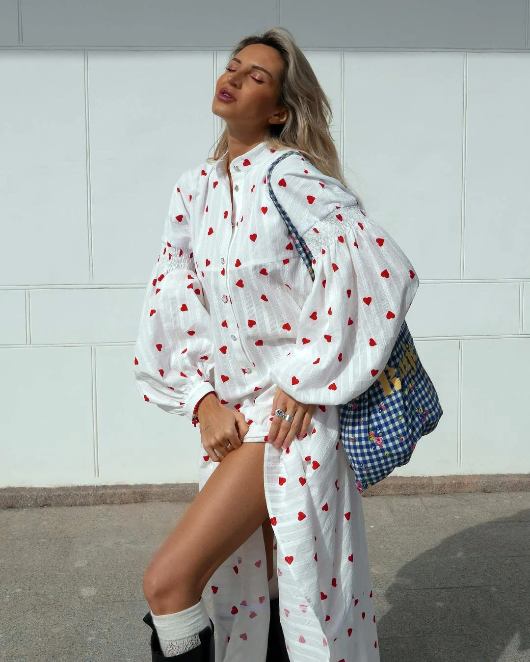Women's Loose White Heart Print Cotton Long Puff Sleeves Maxi Dress Button Down Swing Shirt Dress