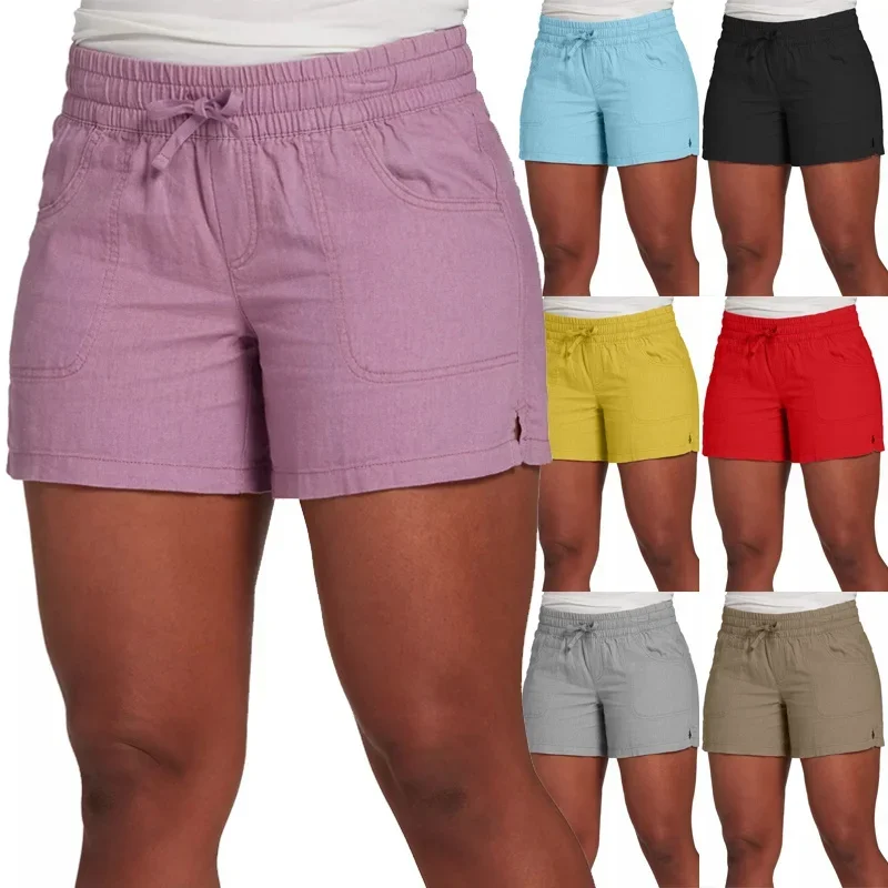 2023 S-5XL Fashion Women Summer Casual Solid Color Elastic Waist Lace Up Split Shorts Casual Short Pants casual summer cotton short women slim solid color shorts fashion ladies shorts drawstring elastic khaki black short pants