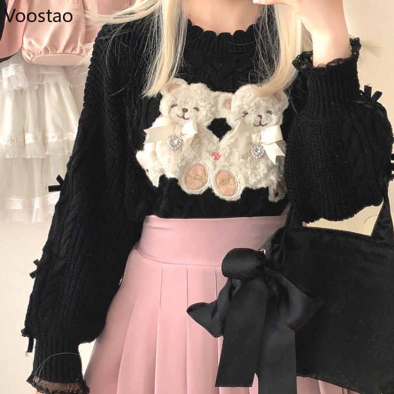 

Japanese Kawaii Lolita Style Knitted Pullover Women Cute O-Neck Plush Bear Bow Casual Sweater Girls Harajuku Y2k Knitwear Tops