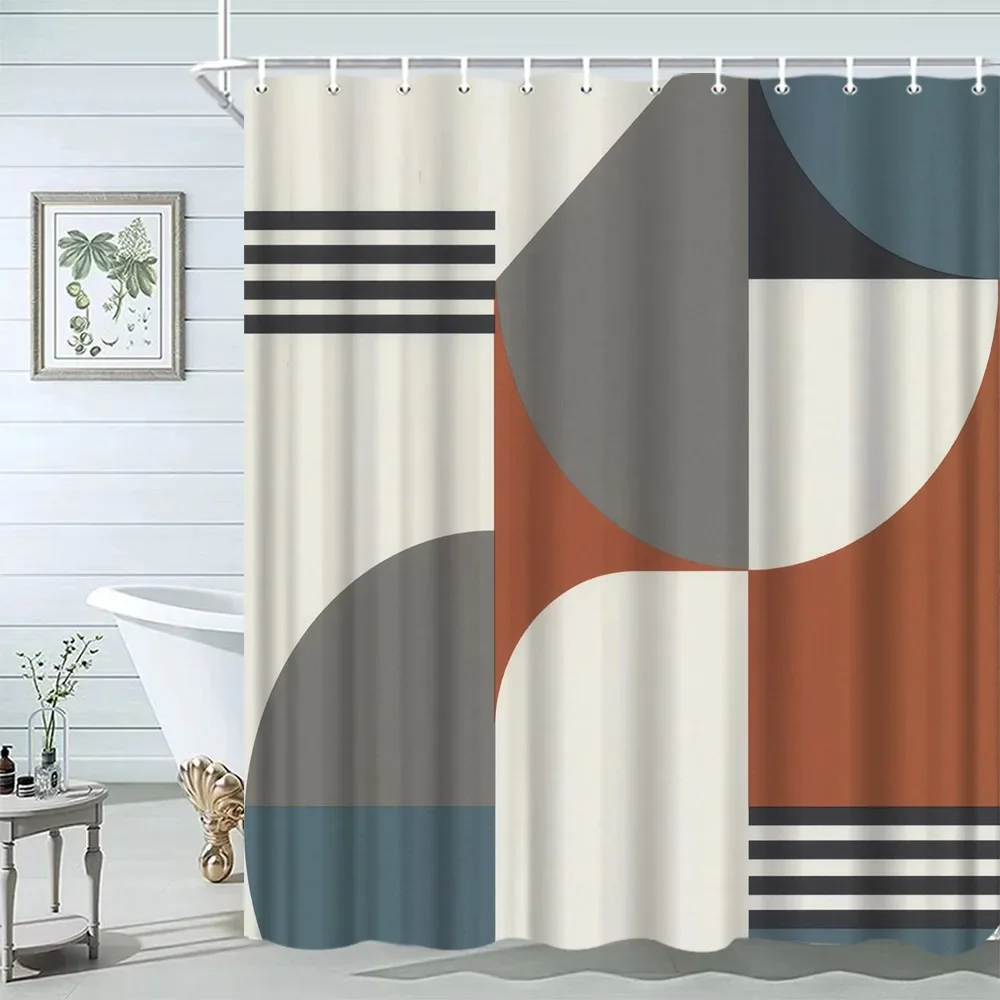 Mid Century Shower Curtain Black Gray Tan Abstract Sun Geometric Neutral Rustic Modern Arch Fabric Bathroom Decor Set Hooks 3