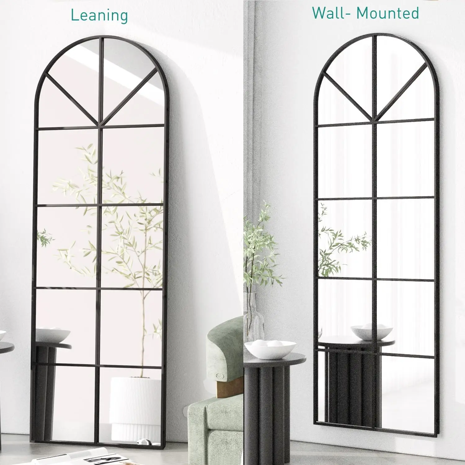 65&times;22" Arched Window Finished Full Length Mirror, Wall Mirror, Metal Frame, Home Decor Windowpane , Wall Mounted