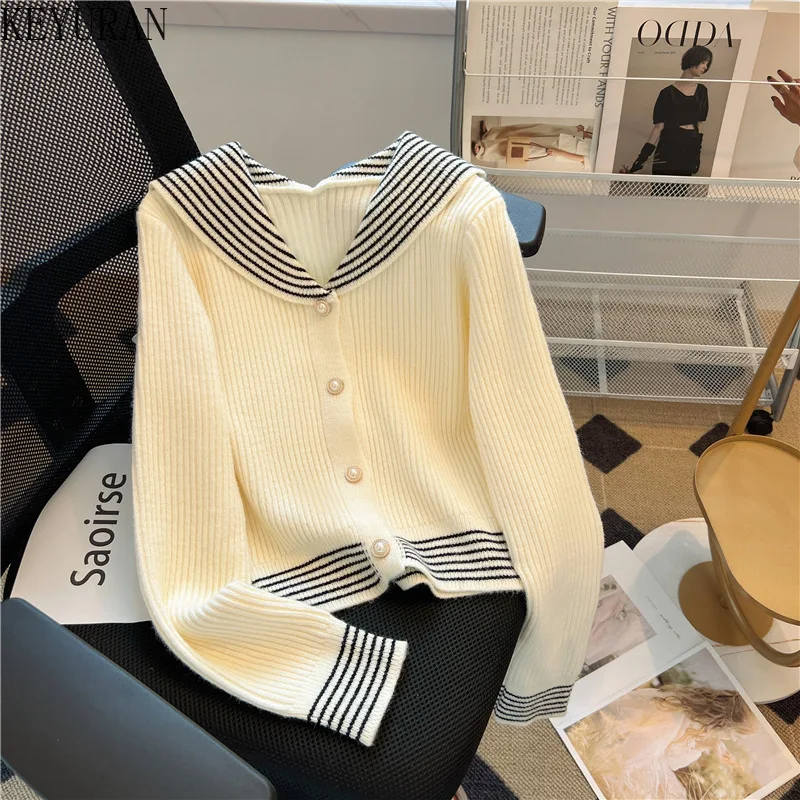 

2023 Autumn Striped Knitted Cardigan Coat Women Korean Style Sailor Collar Loose Casual All-match Sweater Knitwear Tops Jumper