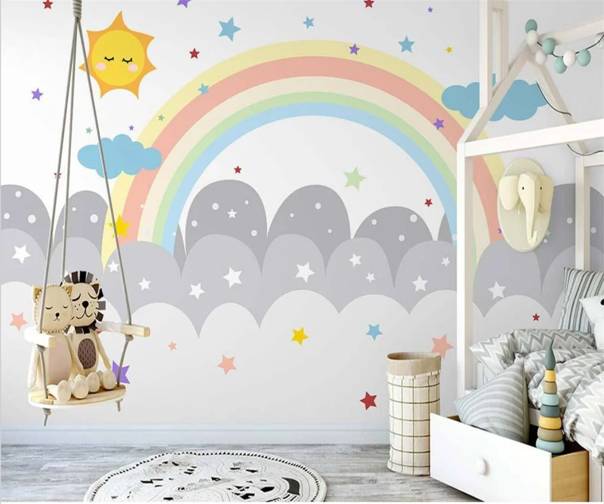 

Custom Mural 3d Wallpaper Nordic hand-painted simple clouds cartoon rainbow starry sky Wall Background Wall home decor