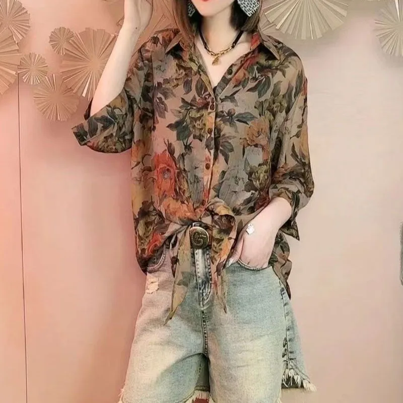 2023 Summer New All-match Casual Three Quarter Hong Kong Breeze Fashion Printed Lapel Medium and Long Loose Lantern Sleeve Shirt women s new hot selling fashion hot selling 2023 slim medium long sleeve small suit loose solid three piece set in stock