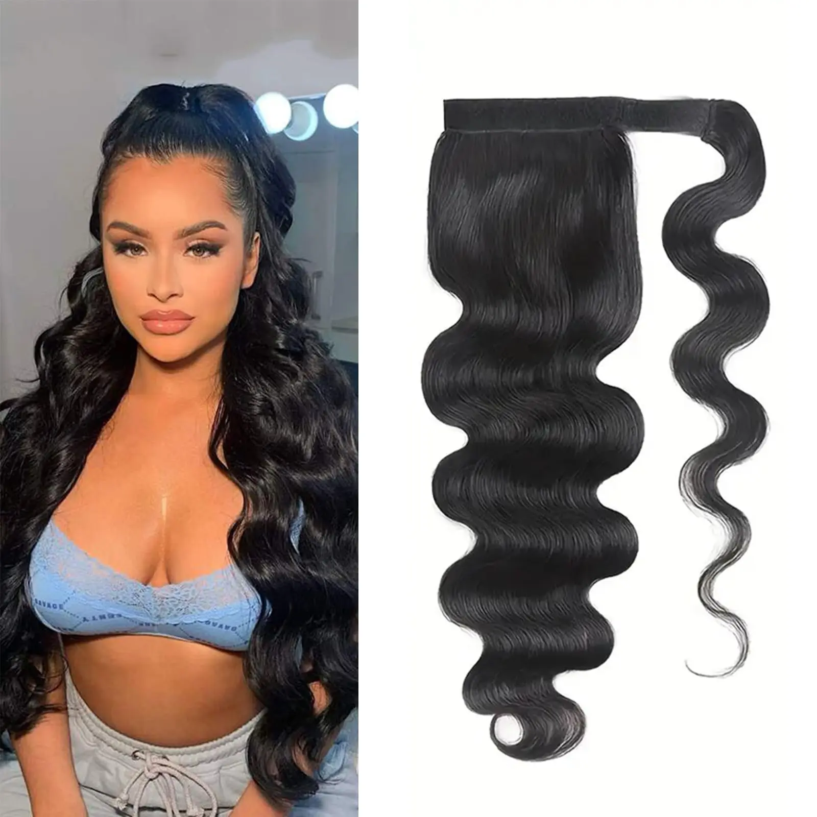 Ponytail Human Long Straight Hair Extensions Clip Ins