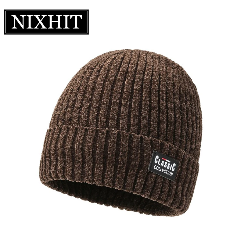 NIXHIT Plus Velvet Thick Warm Fur Skullies Beanies Men Winter Hat Knitted Hats Riding Men Cap Chenille Fleece Men's Hat Z256