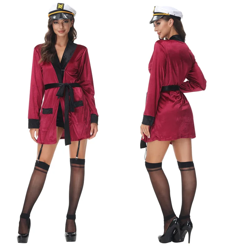 

Flight Attendant Role-playing Improved Wine Red Long Sleeved Flannel Short Bathrobe Bar Stage Costume Pajama Party