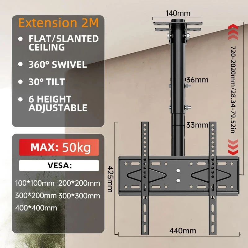 Ceiling TV Mount Full Motion TV Bracket For Most 32-65" Flat Curved TVs/Monitors Swivel Tilt Height Adjustable Hanging Mount monitor bracket