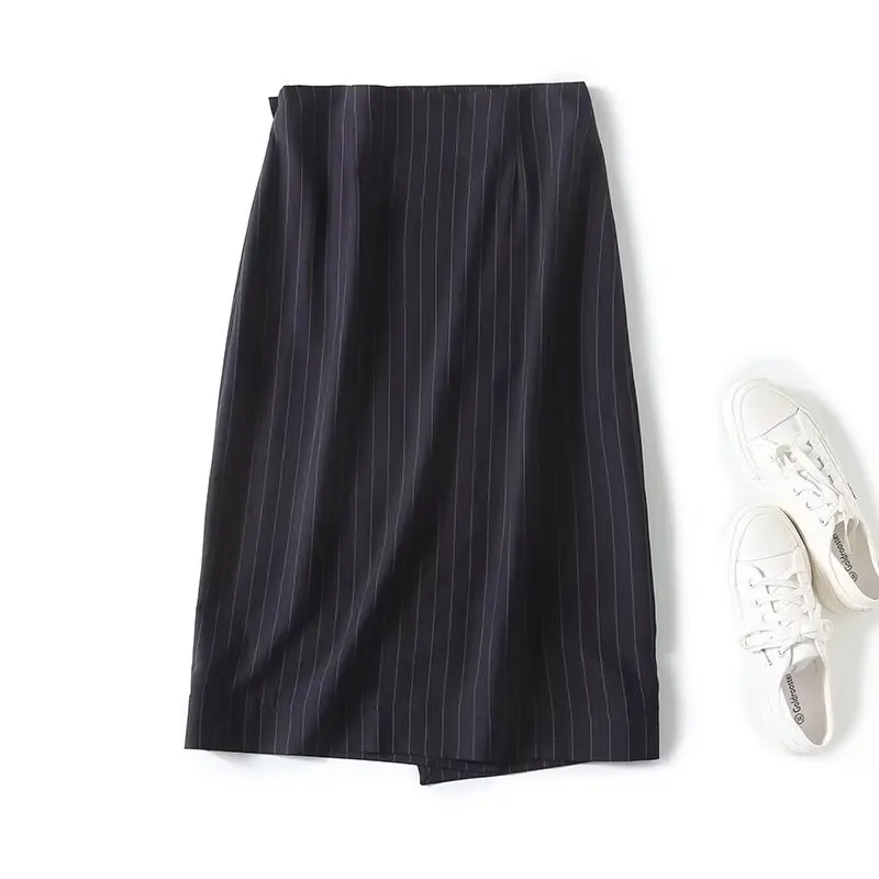 Withered French Simple And Elegant Fashion Office Ladies Midi Skirt Navy Blue Striped Slim Straight Skirt For Women