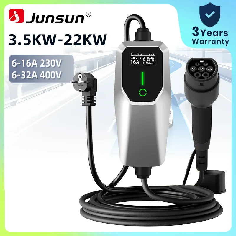 Chargeur EV Junsun Type 2, câble de recharge pour véhicule électrique 32A 16A CEE rouge 22KW 11KW CEE bleu 7.4KW Schuko 3.5KW, station de recharge murale portable triphasée EVSE pour prise EU 1