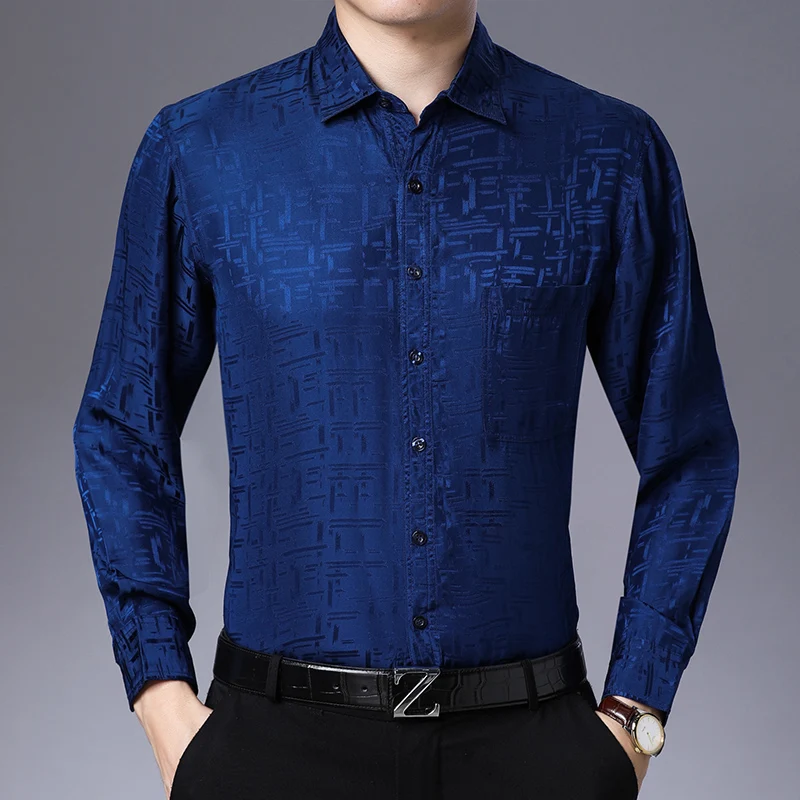 

100% Silk High-End Dress Men Shirt Long Sleeve Jacquard Casual Spring Quality Smooth Comfortable Fashion Luxury Camisa Masculina