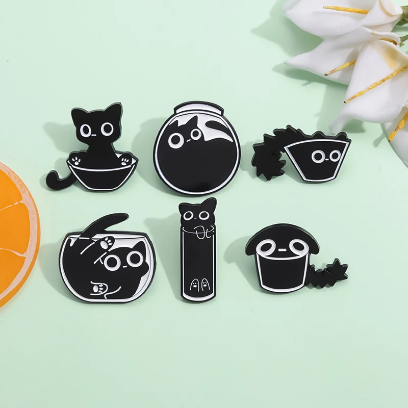 

Black Kitten Enamel Pin Cartoon Cat With Bottle Funny Brooch Punk Style Dark Series Animal Lapel Badge Backpack Clothing Jewelry