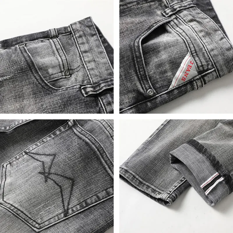 European Vintage Fashion Men Jeans Retro Black Gray Elastic Stretch Slim Fit Ripped Jeans Men Casual Designer Denim Pants Hombre