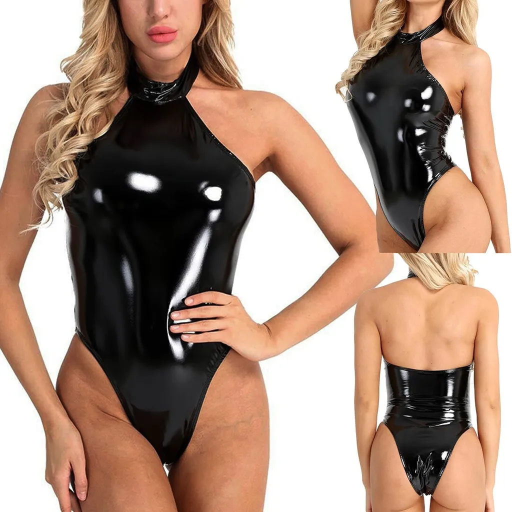 PU Leather Sexy Bodysuits Women Halter Backless Bodycon Bodysuits Body Femme Ladies Skinny Latex Leotards Clubwear Sleepwear 3XL