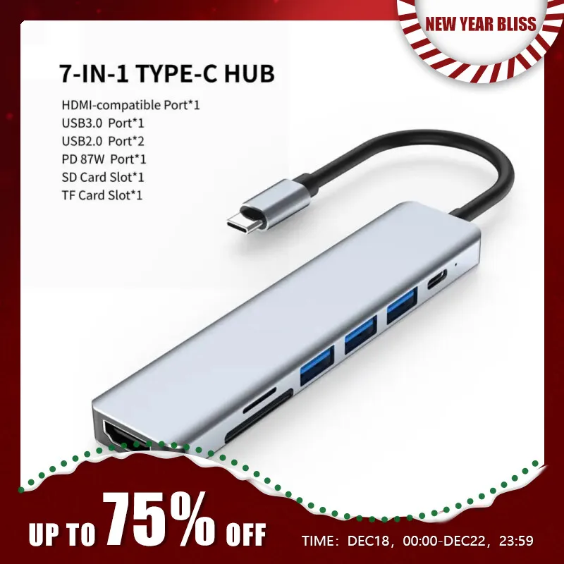 7 in 1 타입 C USB 허브, 7 in 1 타입 C, 4k, 30hz, USB 분배기, 모든 타입 C 채널 컴퓨터 지원, HDMI 호환 가능