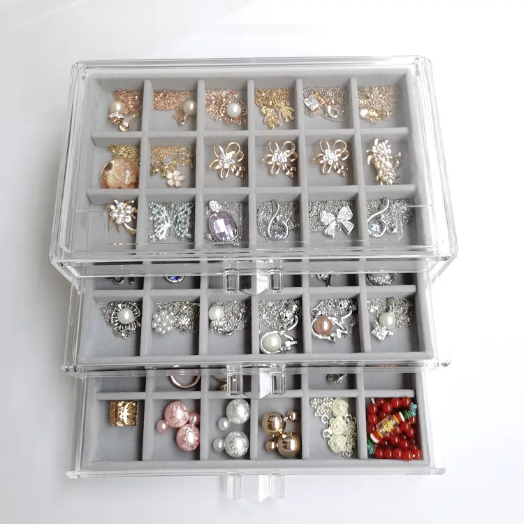 2023 New 3-layers Transparent Jewelry Organizer Large Ring Necklace Earring Makeup Holder Cases Velvet Jewelry Box for Women