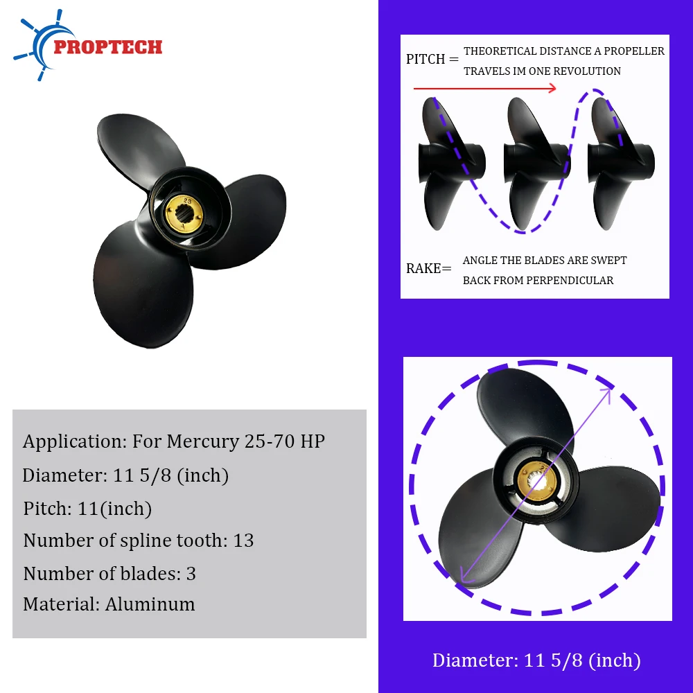 11 5/8*11 For Mercury Outboard Propeller 25 30 35 40 45 50 55 60 70hp Boat Motor Aluminum Alloy Screw 3 Blade Marine Engine Part