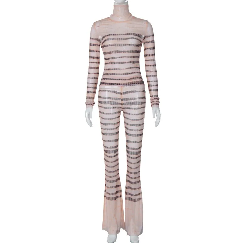 Women Sexy Club Mesh Striped Slim 2 Piece Set Turtleneck Long Sleeve T Shirt High Waist Flare Pants Y2k Trends Streetwear Outfit