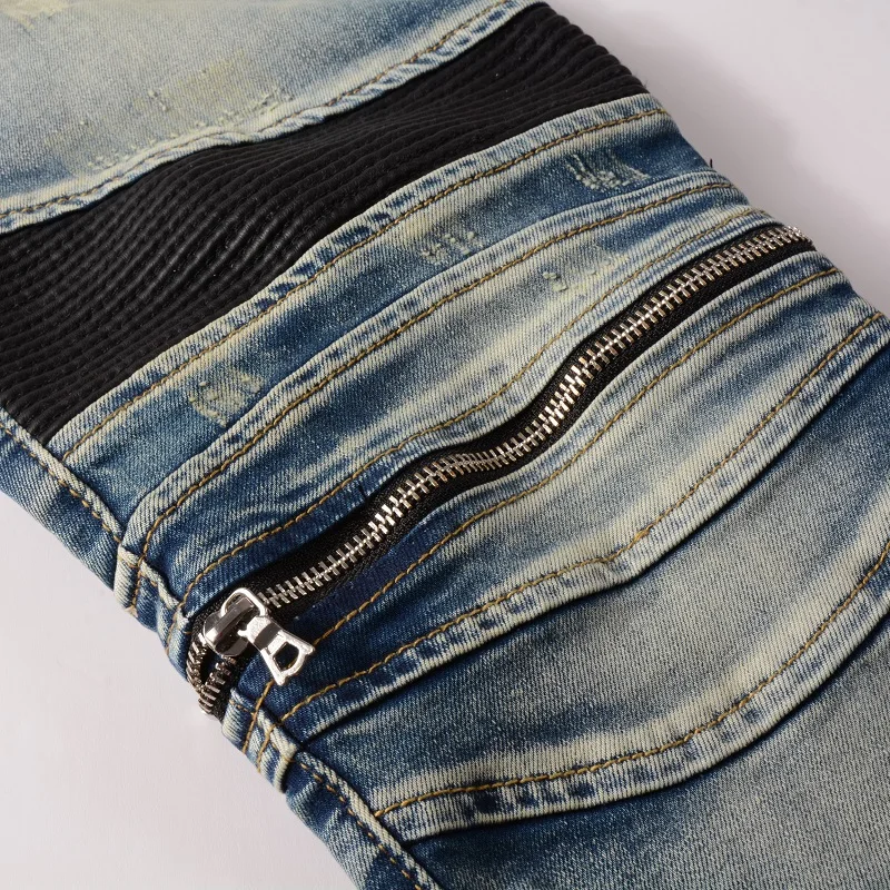 Splicing Zipper Design Slim Motorcycle Jeans Fashion Clashing Biker Jeans Men's High Quality Cotton Blue Classic Jeans A606