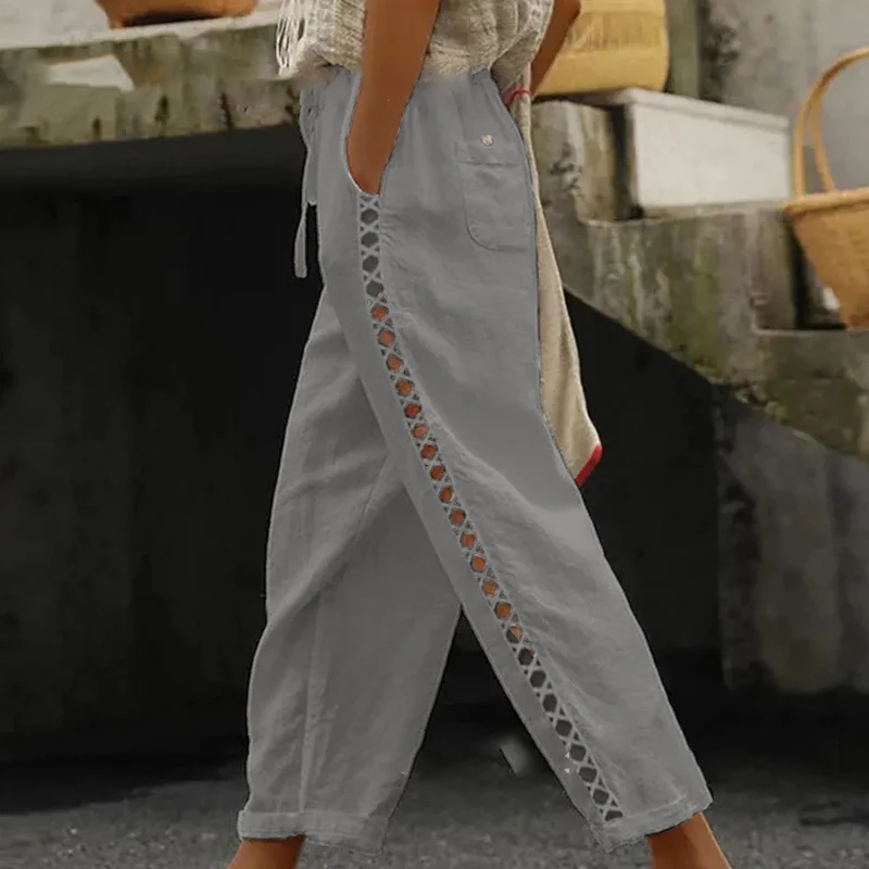 Women Fashion Embroidered Lace Trousers Vintage Lace-Up Pockets Pants Summer Elegant Loose Elastic Waist Long Pants Streetwears