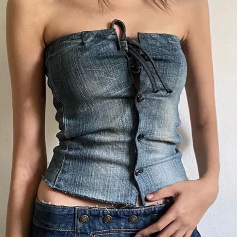 

Tube Tank Top Girls Corset Crop Tops Women Blue Y2K Sleeveless Tee Blue Backless Club Cami Summer Sexy Party