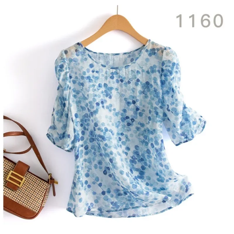 

Fragmented Chiffon Shirt 2023 New Loose Casual Asymmetric Wave Dot Pleated Women's Tees Shirt Summer Printed Short Sleeve Tops