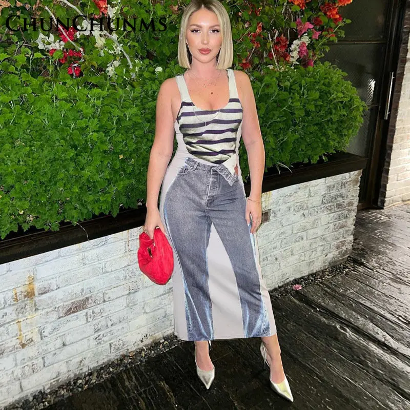 

Casual Design Print U-neck Sleeveless Long Dress For Women Slim Vintage Sleeveless Slim Robes Party Outfit Street Y2k Vestidos