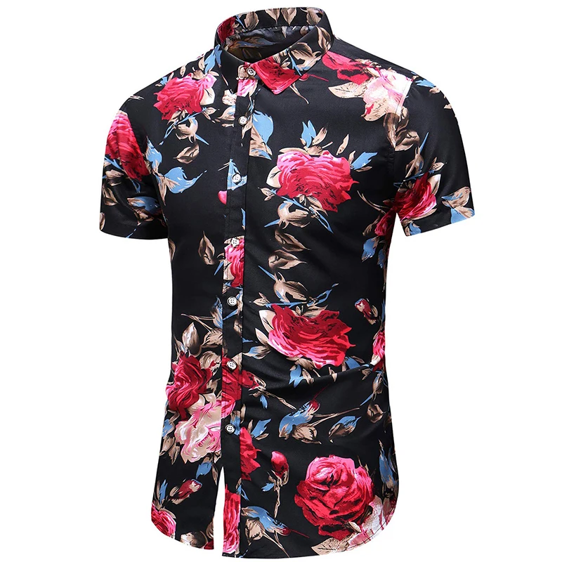 thumbnail image 1 of Camisetas con estampado de flores de rosas en 3D para hombre, de manga corta, ajustadas, con botones, informales, con estampado floral, 1 of 4