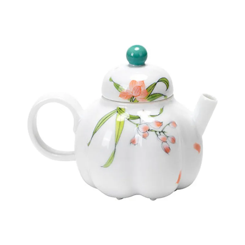 Pumpkin Shape Ceramic Teapot, Hand Painted Flower, China Porcelain Tea Pot, Infuser Container, Tea Ceremony, Teaware Gifts