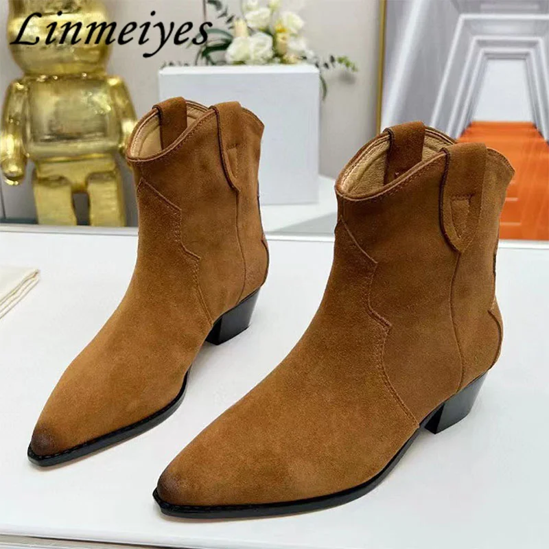 

Hot Sales Square Heels Chelsea Boots Women Pointed Toe Suede Ankle Boots Female New Runway Shoes Low Heels Short Boots Woman