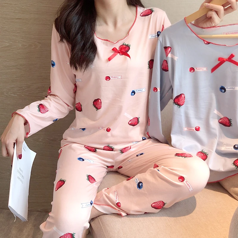 

Spring Summer Casual Homewear Female Pyjamas polyester Loose Sleepwear Women Full Pajamas Set Long Sleeve Elastic Waist Pijama