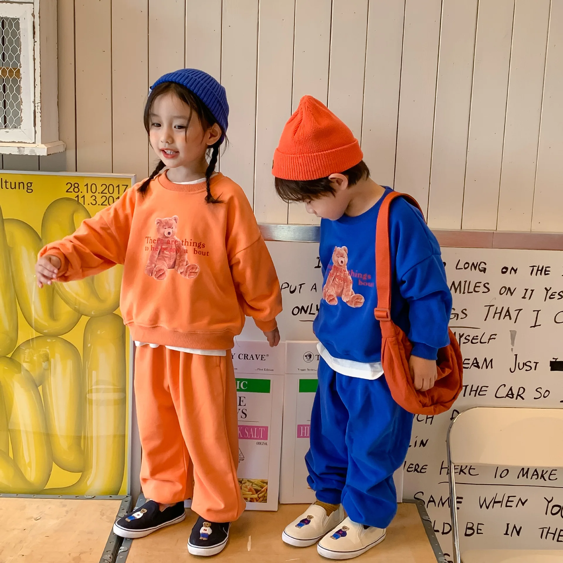 

2795C Children Clothing Set Cartoon Bear Suit Autumn 2022 New Boy's Two Piece Clothes Sweater + Pant Girl's Casual Suit