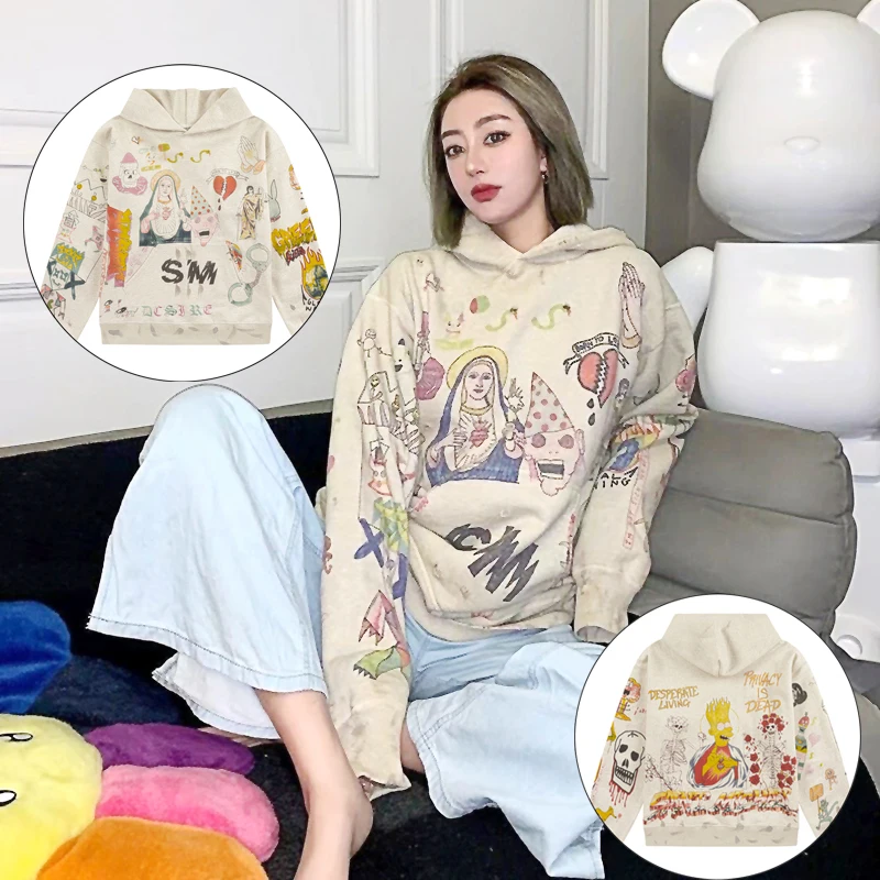 

Saint Michael Hoodie Men Women 1:1 Best Quality Apricot Make Old Vintage Damaged Pullover Hooded Ropa Hombre Hoodies Clothes