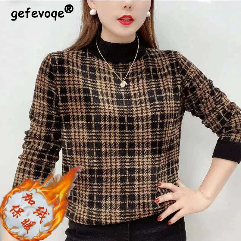 Autumn Winter Half High Collar Vintage Plaid Add Velvet Sweatshirt Female Thick Warm Loose Casual Top Women Oversized Pullovers