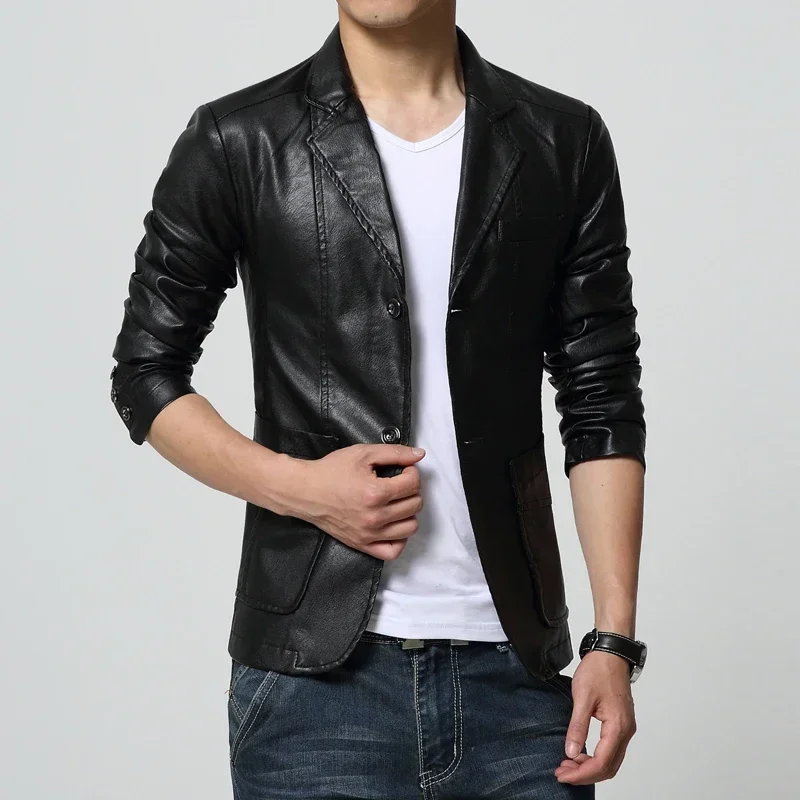 

2023 Fashion New Men's Casual Boutique Suit Leather Jacket / Male Solid Color Business Collar PU Blazers Long Sleeve Dress Coat
