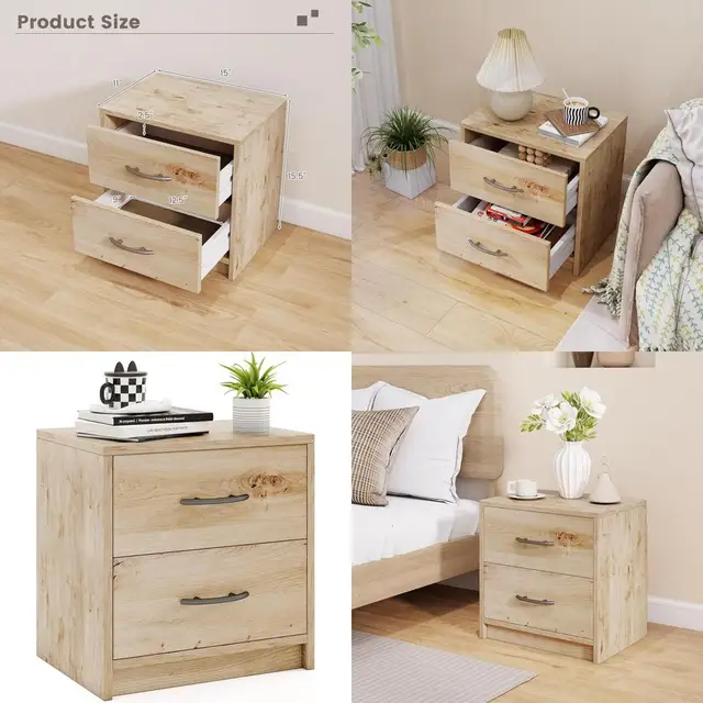 Modern 2-Drawer Nightstand for Small Spaces, Oak Wood Bedside Table with Storage
