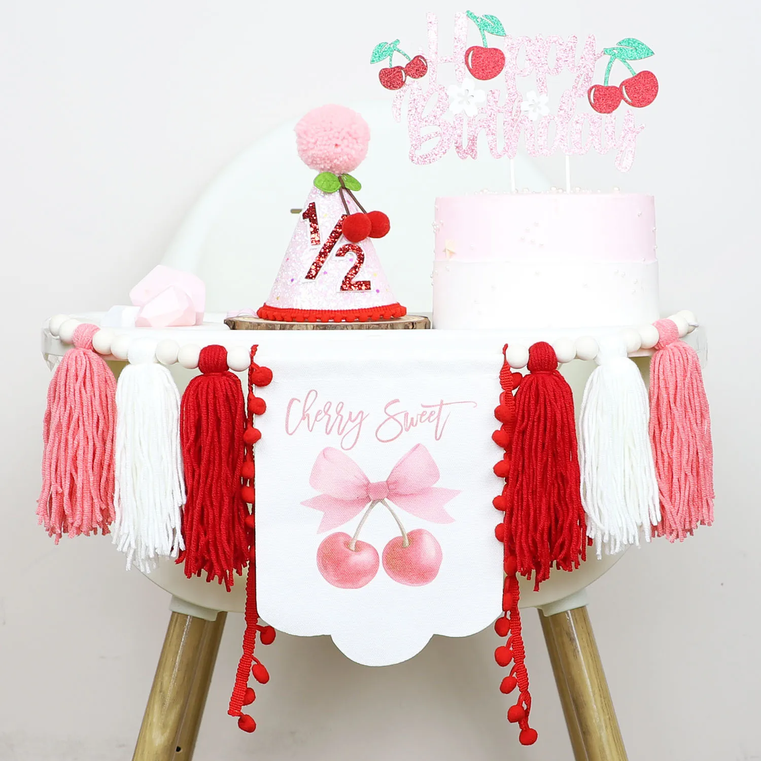 체리 생일 하이체어 배너 - 여자아이 첫 번째 생일 장식, 보헤미안 스타일 홈 벽 장식, 크리스마스 선물