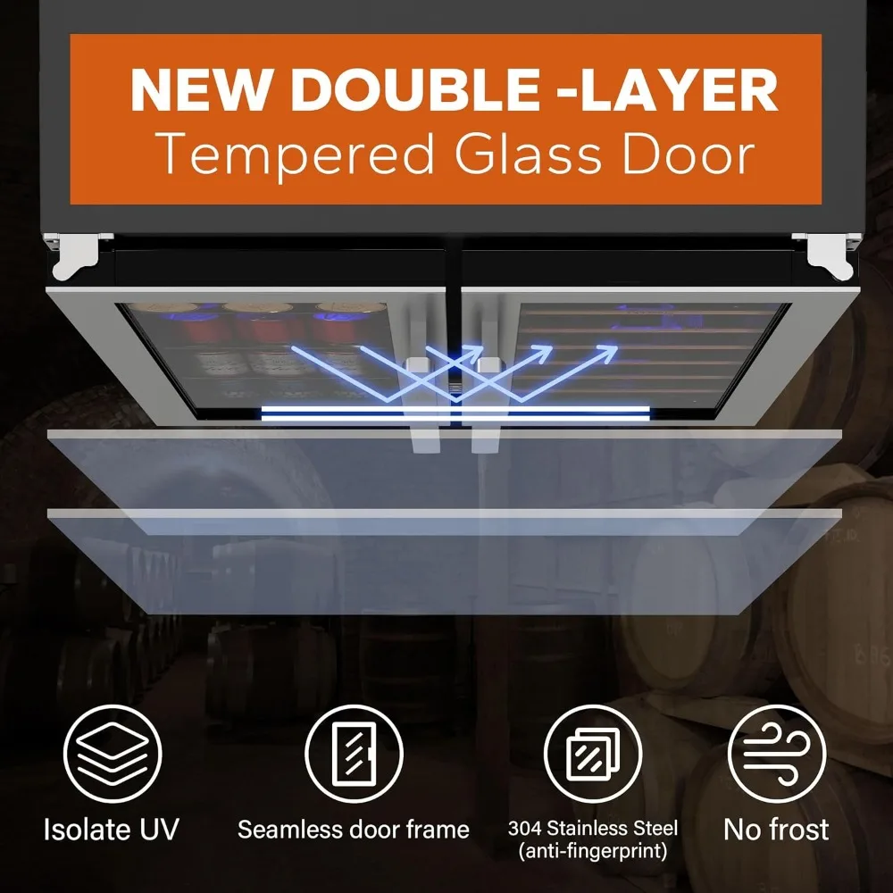 24 inch Dual Zone Drink Fridge with Glass Door, 3 Color LED Lights Wine Cooler for Beer Soda for Home Office Bar Bedroom 5