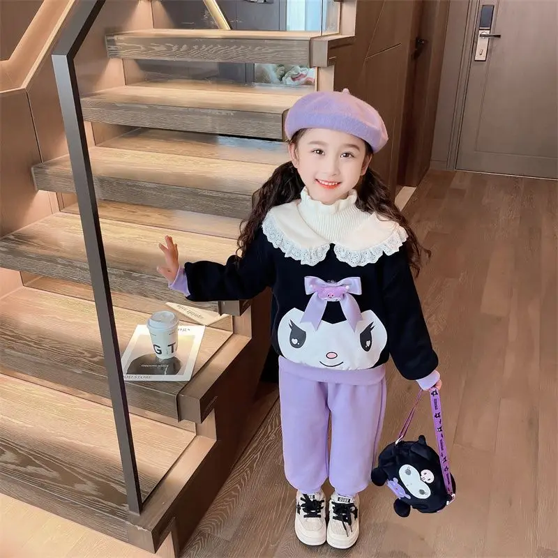 

2 милых аниме Sanrioed Kuromi детский модный костюм осень-зима Бархатный комплект из двух предметов утолщенная теплая милая детская одежда
