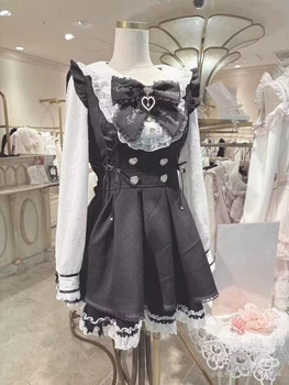 Japanese Y2 Aesthetics Vintage Bow Dress Shorts Set Women Gothic Lolita Style Long Sleeve Shirt Dress Elegant Party Dress Suits 1