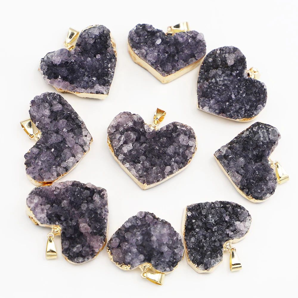 Natural Amethyst Cluster Stone Pendants Heart Raw Crystals Charms Necklace Healing Quartz  Mineral DIY Gift Jewelry Making 4Pcs