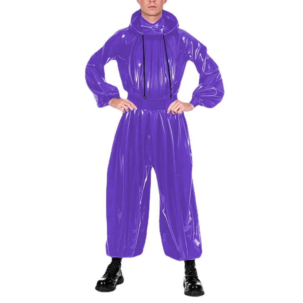 Wetlook Long Sleeve Pleat Loose Hooded Jumpsuit Mens Womens Shiny PVC Bloomers Rompers Halloween Party Cosplay Costume Zentai
