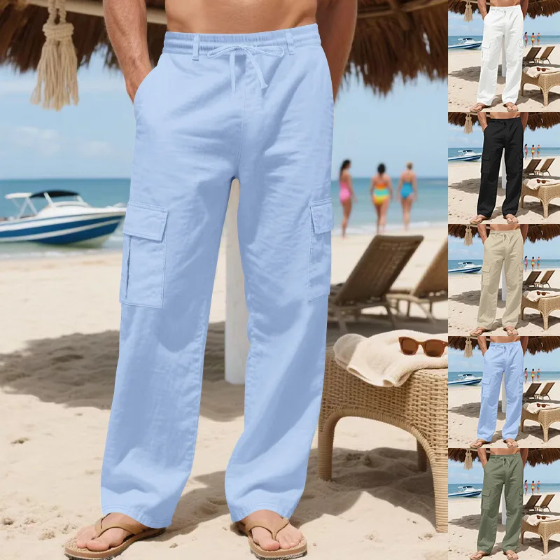 Men Beachwear Cargo Pants Elastic Waist Pocket Wide Leg
