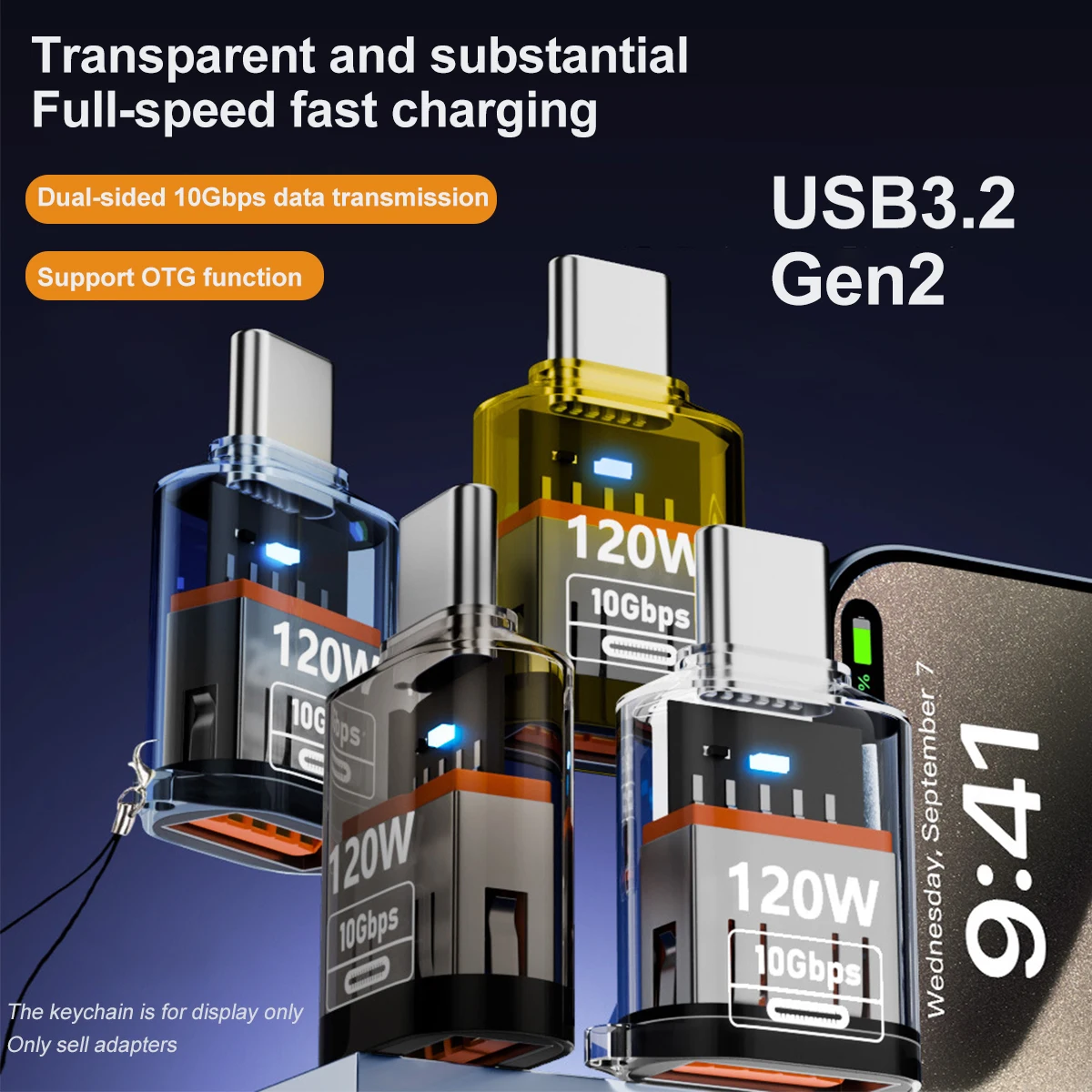 120W USB 3.2 OTG 어댑터 (여성-타입 C 남성) 고속 충전 케이블 어댑터 (아이폰, 삼성, 노트북, PC용) - USB-C 연결