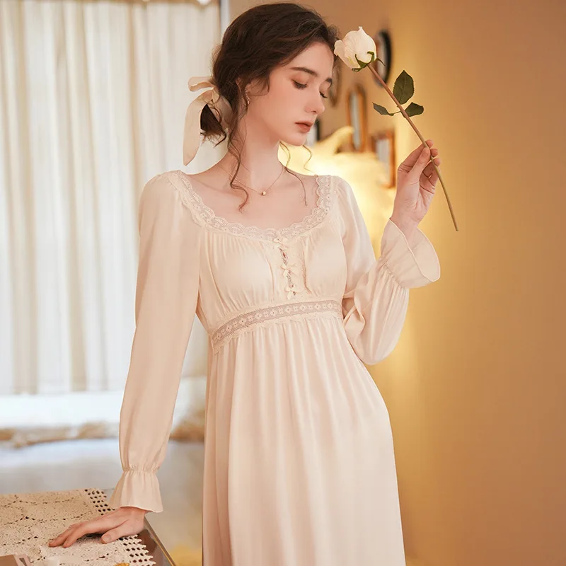 SXTHAENOO 2023 New French Fashion Nightdress Ice Silk Long Sleeve Thin Pajamas Nightgowns lingerie for women пижама женская