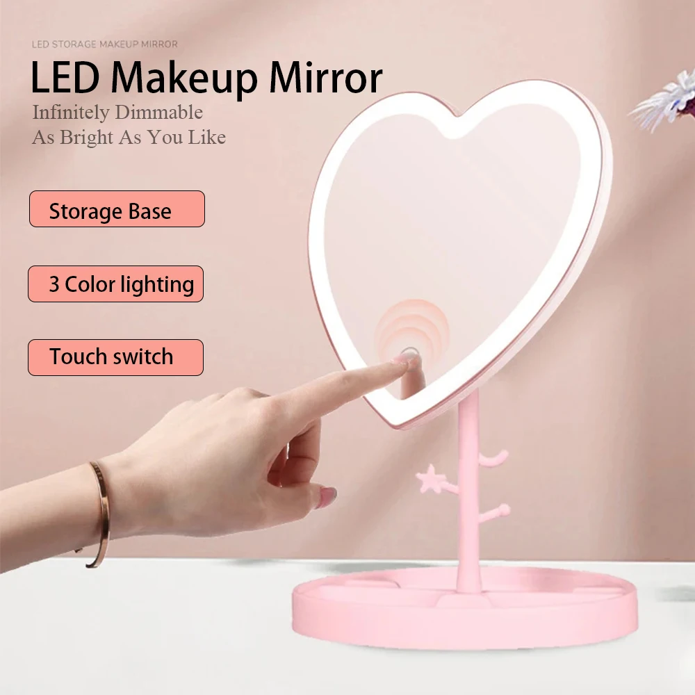 3 Colors Rotating LED Makeup Mirror Love shaped Folding Touch Screen HD Vanity Mirror Stand Cosmetic Mirror Girl Holiday Gift