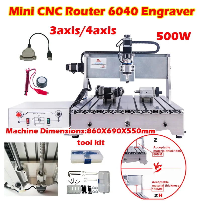 

Mini CNC Router Engraver 6040 USB Parallel Port 3axis 4axis 600X400MM for Metal Woodworking PCB Carving Milling Machine 500W
