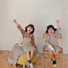 

2022 Baby Girl Suspenders Dress Girls Long Sleeve Cotton Shirt Top And Vest Dresses Two Piece Sets Korean Children Kids Clothing