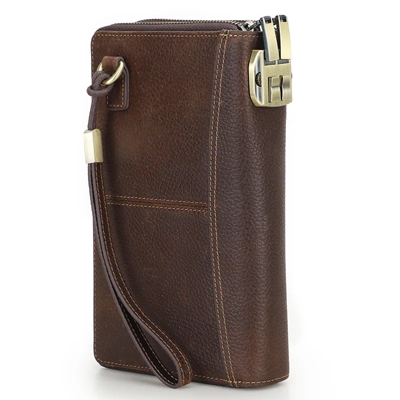 Litchi Patterned Cow Leather RFID Anti-theft Metal Double Zipper Combination Lock Travel Passport Bag  Clutch Bag Long Wallet 5